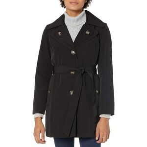 Tower By London Fog Rain Coat Jacket Womens Large Black Double Lapel‎ Tie Waist